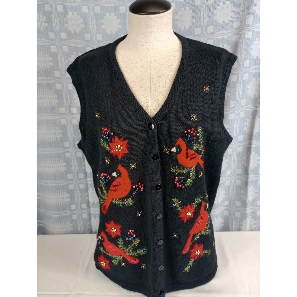 KIM ROGERS CARDINAL CHRISTMAS VEST WOMENS LARGE EMBROIDERED AND BEADED SLEEVELES - Picture 1 of 11